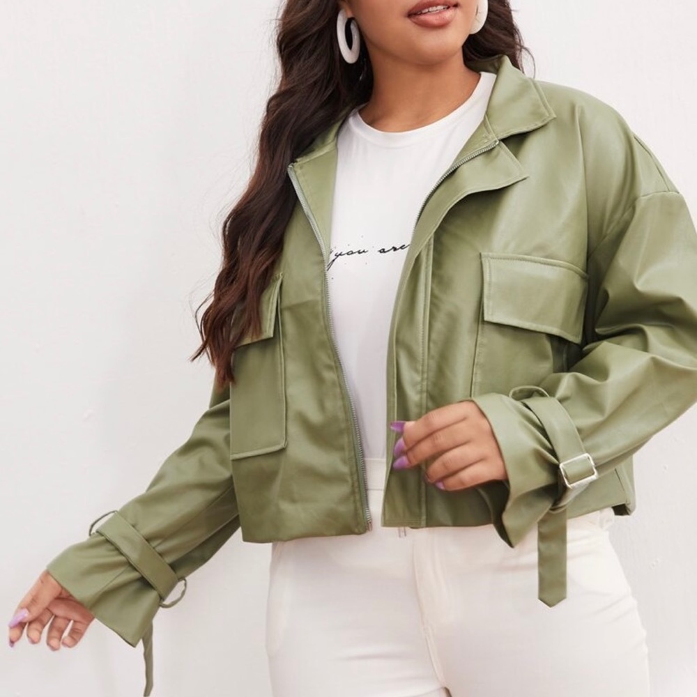 Green leather jacket.